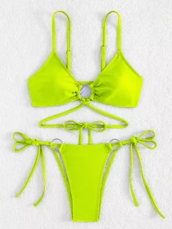 Front Ring Detail Solid Color Bikini With Adjustable Side Ties For Summer 2026