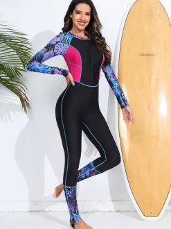 Front Zip Colorful Floral Patchwork One Piece Full Body Rash Guard Swimsuit