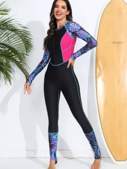 Front Zip Colorful Floral Patchwork One Piece Full Body Rash Guard Swimsuit