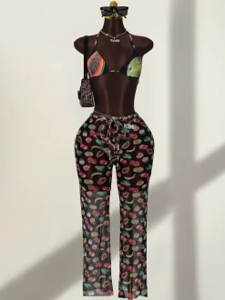 Fruit Print 3 Piece Swimwear Set For Women - Triangle Halter Bikini With Wide Leg Trousers Cover Up - Summer Resort 2026