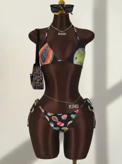 Fruit Print 3 Piece Swimwear Set For Women - Triangle Halter Bikini With Wide Leg Trousers Cover Up - Summer Resort 2026