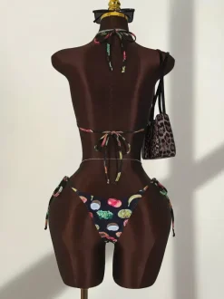 Fruit Print 3 Piece Swimwear Set For Women - Triangle Halter Bikini With Wide Leg Trousers Cover Up - Summer Resort 2026