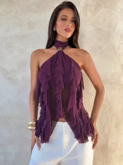 Fuchsia Cami Top Halter Ruffles Casual Sleeveless Women Camis
