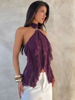 Fuchsia Cami Top Halter Ruffles Casual Sleeveless Women Camis