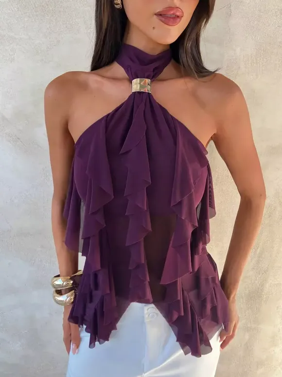 Fuchsia Cami Top Halter Ruffles Casual Sleeveless Women Camis