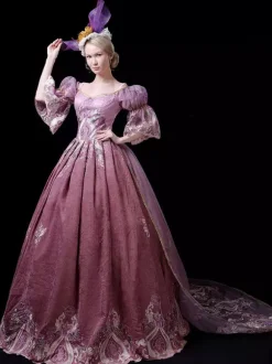 Fuchsia Pink Retro Tudor Dress Costumes Embroidered Polyester Dress Marie Antoinette Costume Women's Royal Tunic Party Prom Dress