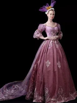 Fuchsia Pink Retro Tudor Dress Costumes Embroidered Polyester Dress Marie Antoinette Costume Women's Royal Tunic Party Prom Dress