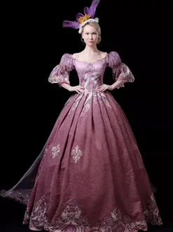 Fuchsia Pink Retro Tudor Dress Costumes Embroidered Polyester Dress Marie Antoinette Costume Women's Royal Tunic Party Prom Dress