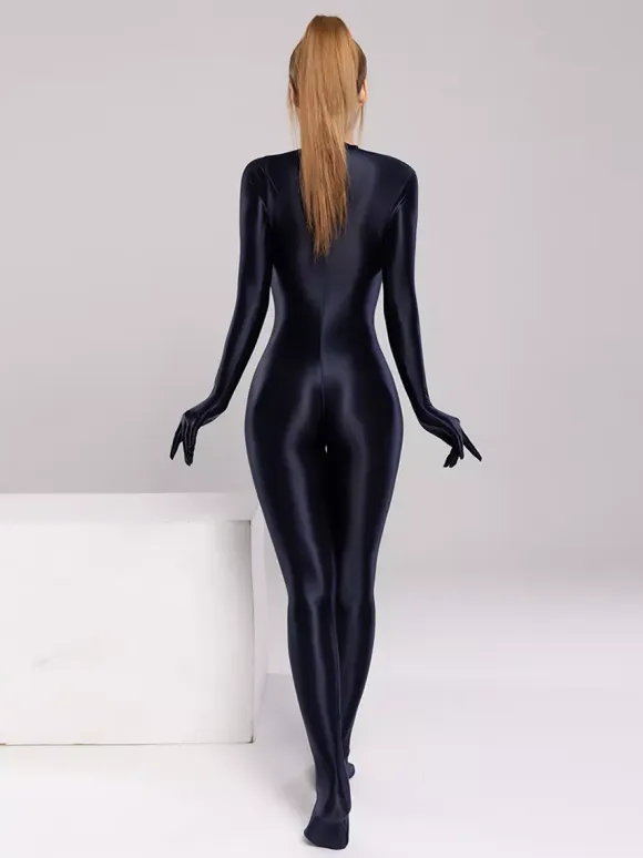 Full Body Spandex Zentai Suit Glossy Full Coverage Catsuit With Back Zipper