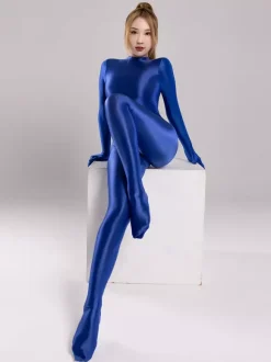 Full Body Spandex Zentai Suit Glossy Full Coverage Catsuit With Back Zipper