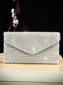 Full Rhinestone Envelope Clutch Bag Detachable Chain Strap Sparkly Evening Party Wedding Hand Purse