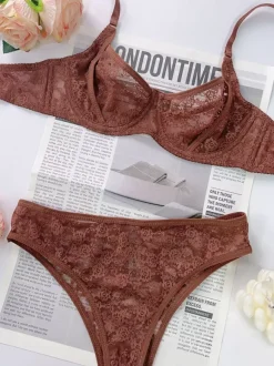 Full Floral Lace Underwire Bra High Cut Panty Lingerie Set