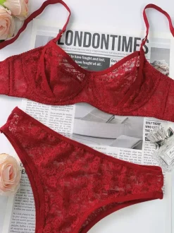 Full Floral Lace Underwire Bra High Cut Panty Lingerie Set