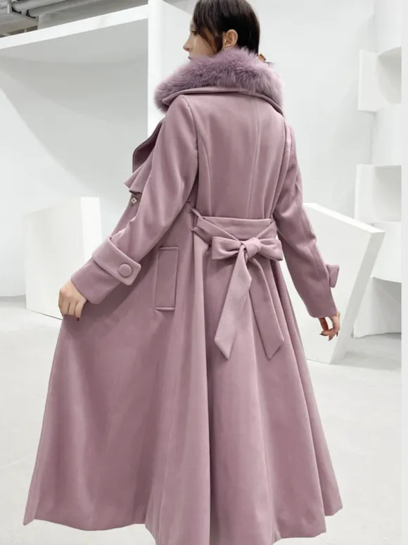 Full Length Flared Woolen Coat White Faux Fur Collar Classic Lapel Belted Slim A-line Winter Maxi Coat 2026