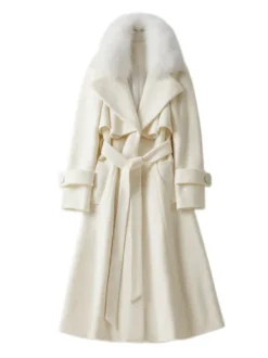 Full Length Flared Woolen Coat White Faux Fur Collar Classic Lapel Belted Slim A-line Winter Maxi Coat 2026