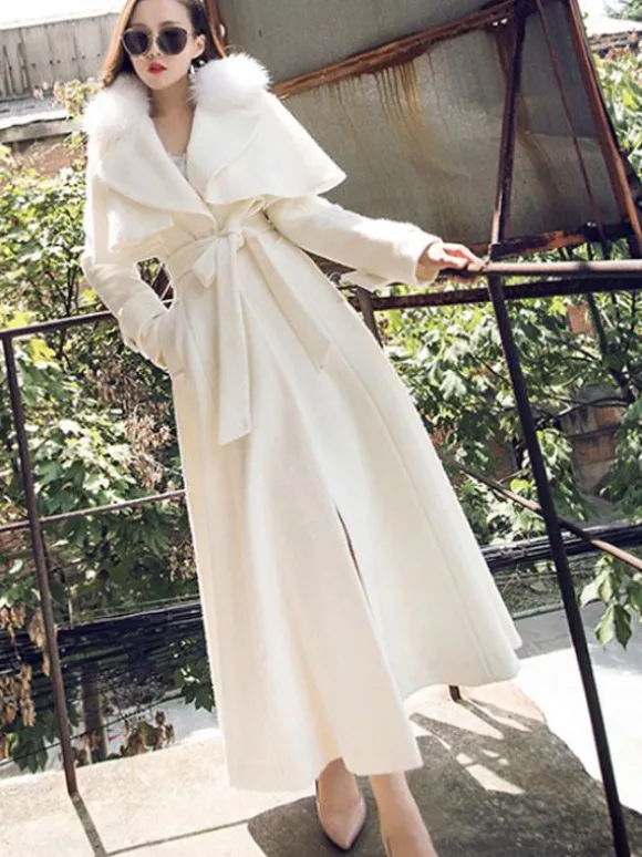Full Length Flared Woolen Coat White Faux Fur Collar Classic Lapel Belted Slim A-line Winter Maxi Coat 2026