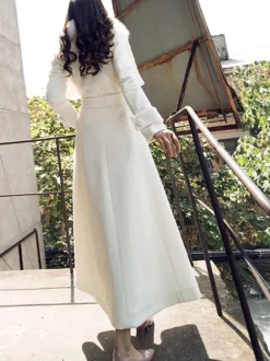Full Length Flared Woolen Coat White Faux Fur Collar Classic Lapel Belted Slim A-line Winter Maxi Coat 2026