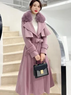 Full Length Flared Woolen Coat White Faux Fur Collar Classic Lapel Belted Slim A-line Winter Maxi Coat 2026