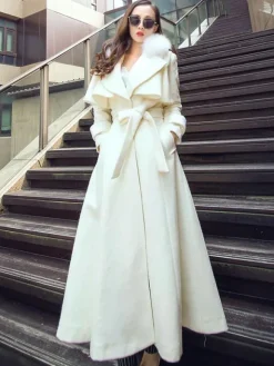 Full Length Flared Woolen Coat White Faux Fur Collar Classic Lapel Belted Slim A-line Winter Maxi Coat 2026