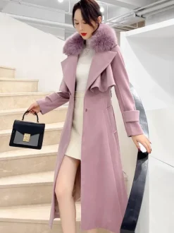 Full Length Flared Woolen Coat White Faux Fur Collar Classic Lapel Belted Slim A-line Winter Maxi Coat 2026