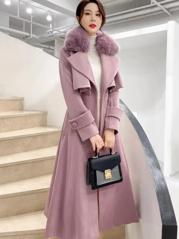 Full Length Flared Woolen Coat White Faux Fur Collar Classic Lapel Belted Slim A-line Winter Maxi Coat 2026