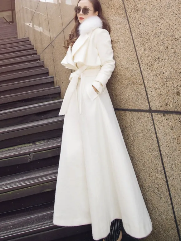 Full Length Flared Woolen Coat White Faux Fur Collar Classic Lapel Belted Slim A-line Winter Maxi Coat 2026