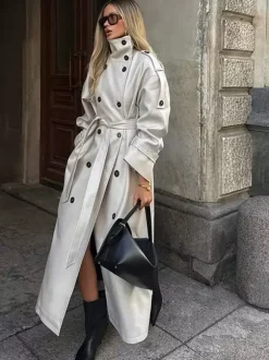 Funnel Neck Trench Coat For Women - Cream Double Breasted Drop Shoulder Belted Overcoat - Spring Office-to-dinner Outerwear 2026