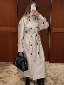 Funnel Neck Trench Coat For Women - Cream Double Breasted Drop Shoulder Belted Overcoat - Spring Office-to-dinner Outerwear 2026