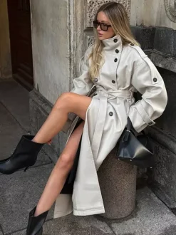 Funnel Neck Trench Coat For Women - Cream Double Breasted Drop Shoulder Belted Overcoat - Spring Office-to-dinner Outerwear 2026