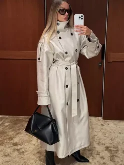Funnel Neck Trench Coat For Women - Cream Double Breasted Drop Shoulder Belted Overcoat - Spring Office-to-dinner Outerwear 2026