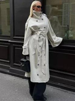 Funnel Neck Trench Coat For Women - Cream Double Breasted Drop Shoulder Belted Overcoat - Spring Office-to-dinner Outerwear 2026