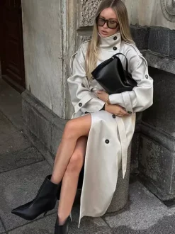 Funnel Neck Trench Coat For Women - Cream Double Breasted Drop Shoulder Belted Overcoat - Spring Office-to-dinner Outerwear 2026