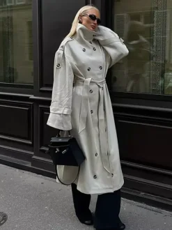Funnel Neck Trench Coat For Women - Cream Double Breasted Drop Shoulder Belted Overcoat - Spring Office-to-dinner Outerwear 2026