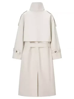 Funnel Neck Trench Coat For Women - Cream Double Breasted Drop Shoulder Belted Overcoat - Spring Office-to-dinner Outerwear 2026