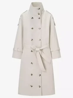 Funnel Neck Trench Coat For Women - Cream Double Breasted Drop Shoulder Belted Overcoat - Spring Office-to-dinner Outerwear 2026