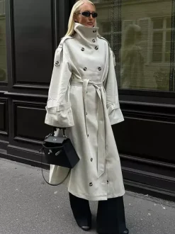 Funnel Neck Trench Coat For Women - Cream Double Breasted Drop Shoulder Belted Overcoat - Spring Office-to-dinner Outerwear 2026