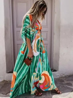 Geometric Kaftan Dress for Women - Boho Drawstring Waist High Slit Maxi Cover-up Dress - Summer Beach Resort Wear 2026