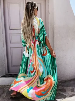 Geometric Kaftan Dress for Women - Boho Drawstring Waist High Slit Maxi Cover-up Dress - Summer Beach Resort Wear 2026