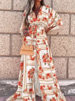 Geometric Kaftan Dress for Women - Boho Drawstring Waist High Slit Maxi Cover-up Dress - Summer Beach Resort Wear 2026