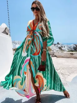 Geometric Kaftan Dress for Women - Boho Drawstring Waist High Slit Maxi Cover-up Dress - Summer Beach Resort Wear 2026