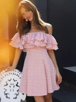 Gingham Off Shoulder Mini Dress For Women - Pink Cottagecore Ruffle Skater Dress - Summer Picnic Party 2026