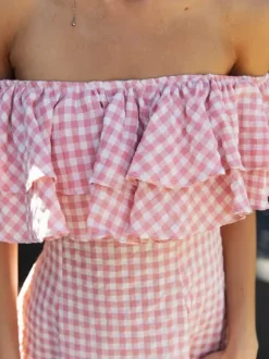 Gingham Off Shoulder Mini Dress For Women - Pink Cottagecore Ruffle Skater Dress - Summer Picnic Party 2026