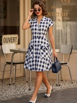 Gingham Vintage Dress Short Sleeve Hepburn Style A-line Midi Dress For Women 2026