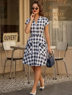 Gingham Vintage Dress Short Sleeve Hepburn Style A-line Midi Dress For Women 2026