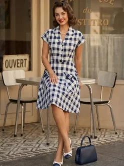 Gingham Vintage Dress Short Sleeve Hepburn Style A-line Midi Dress For Women 2026