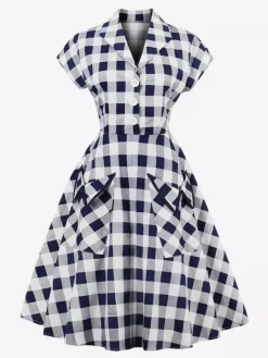 Gingham Vintage Dress Short Sleeve Hepburn Style A-line Midi Dress For Women 2026