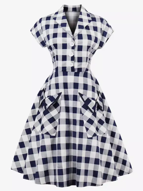 Gingham Vintage Dress Short Sleeve Hepburn Style A-line Midi Dress For Women 2026