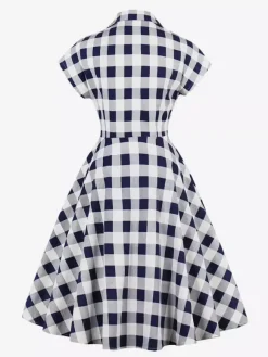 Gingham Vintage Dress Short Sleeve Hepburn Style A-line Midi Dress For Women 2026