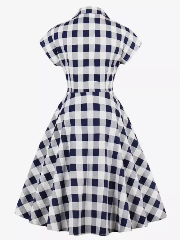 Gingham Vintage Dress Short Sleeve Hepburn Style A-line Midi Dress For Women 2026
