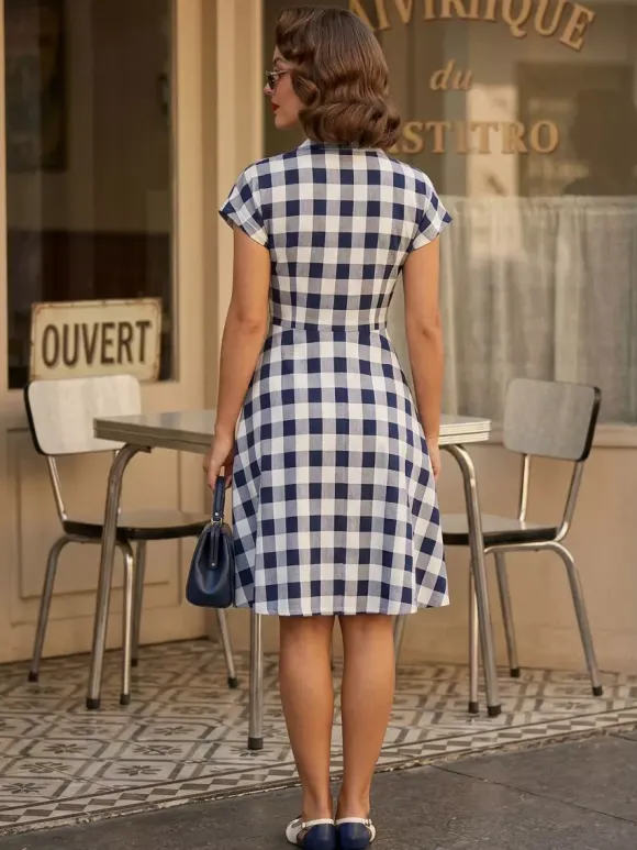 Gingham Vintage Dress Short Sleeve Hepburn Style A-line Midi Dress For Women 2026